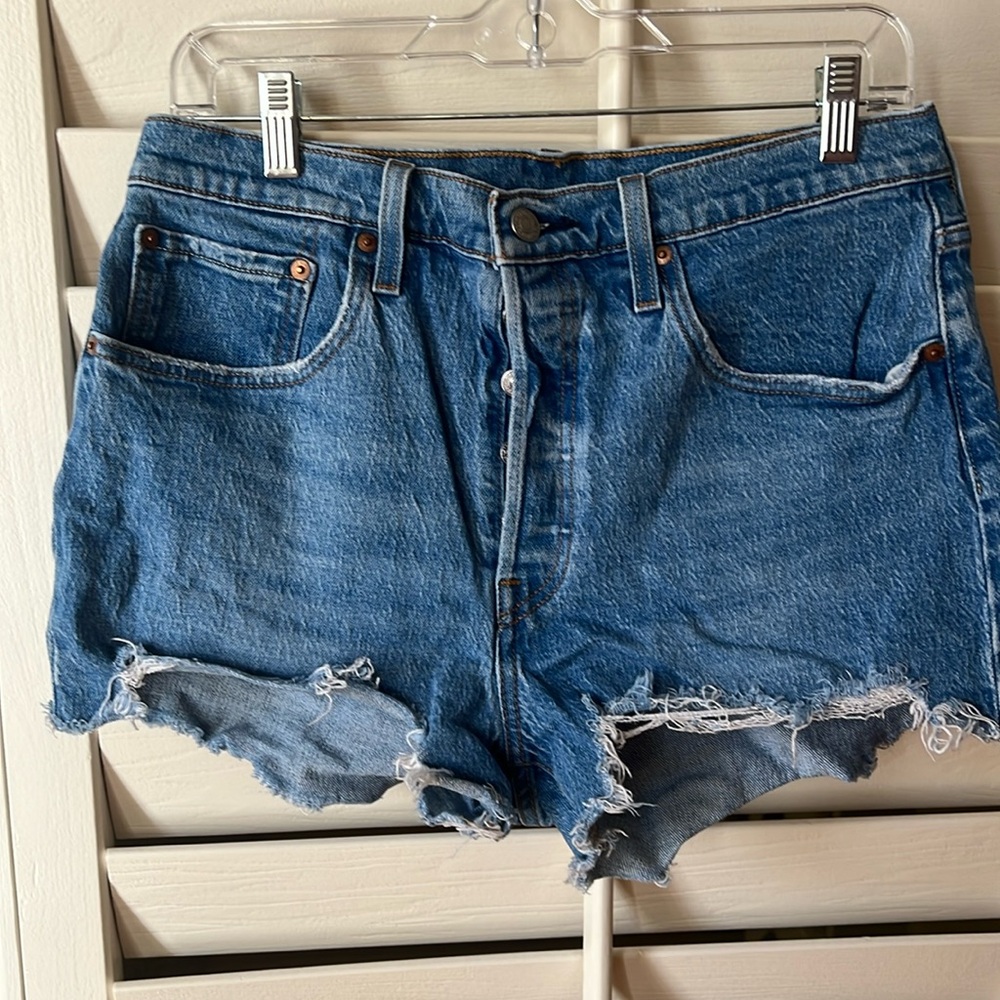 Size 30, Levi’s 501 shorts, button fly, distressed hem, like new